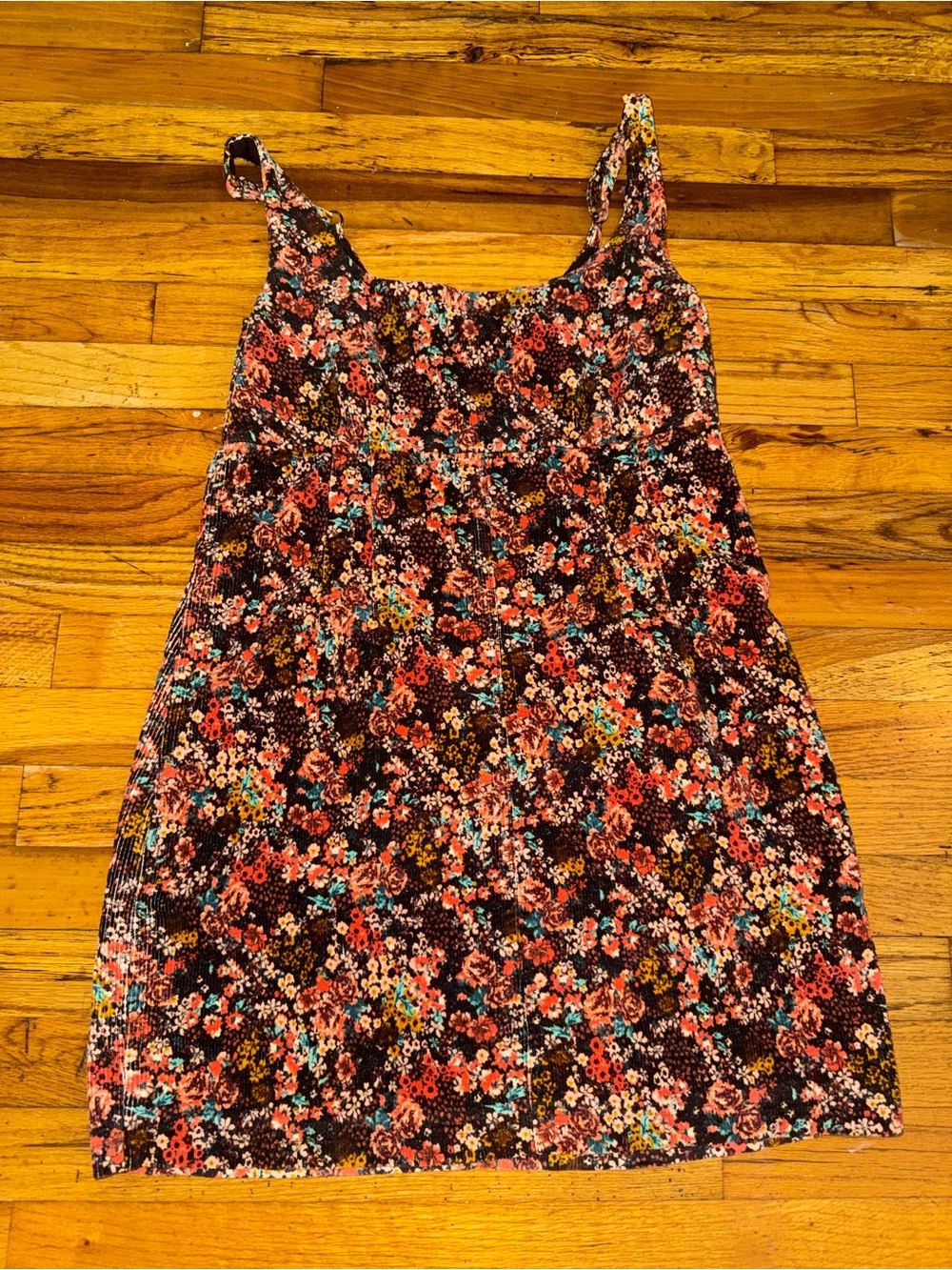 Women’s Floral Corduroy Sundress with Coral and Teal Accents
